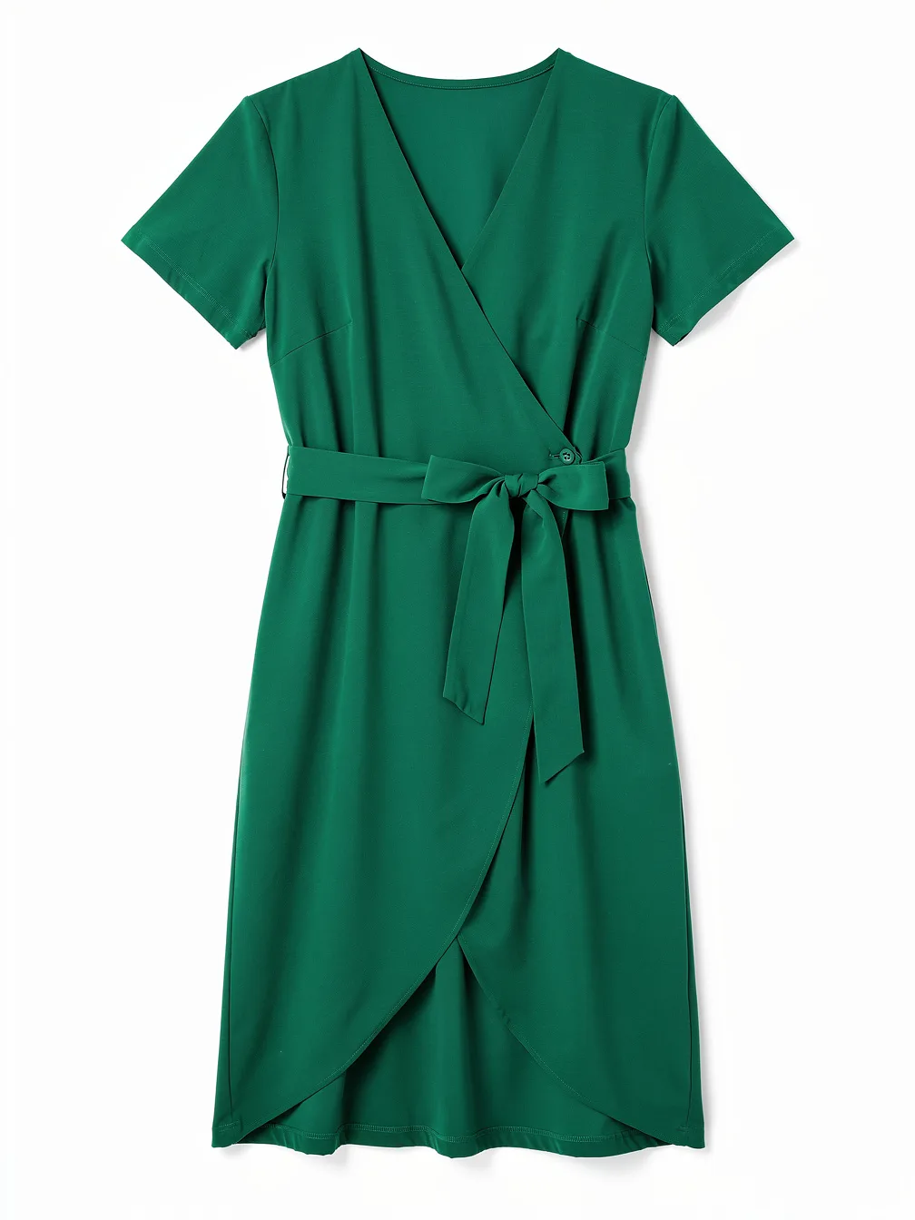 Outfit try-on input: an emerald green wrap dress laid flat