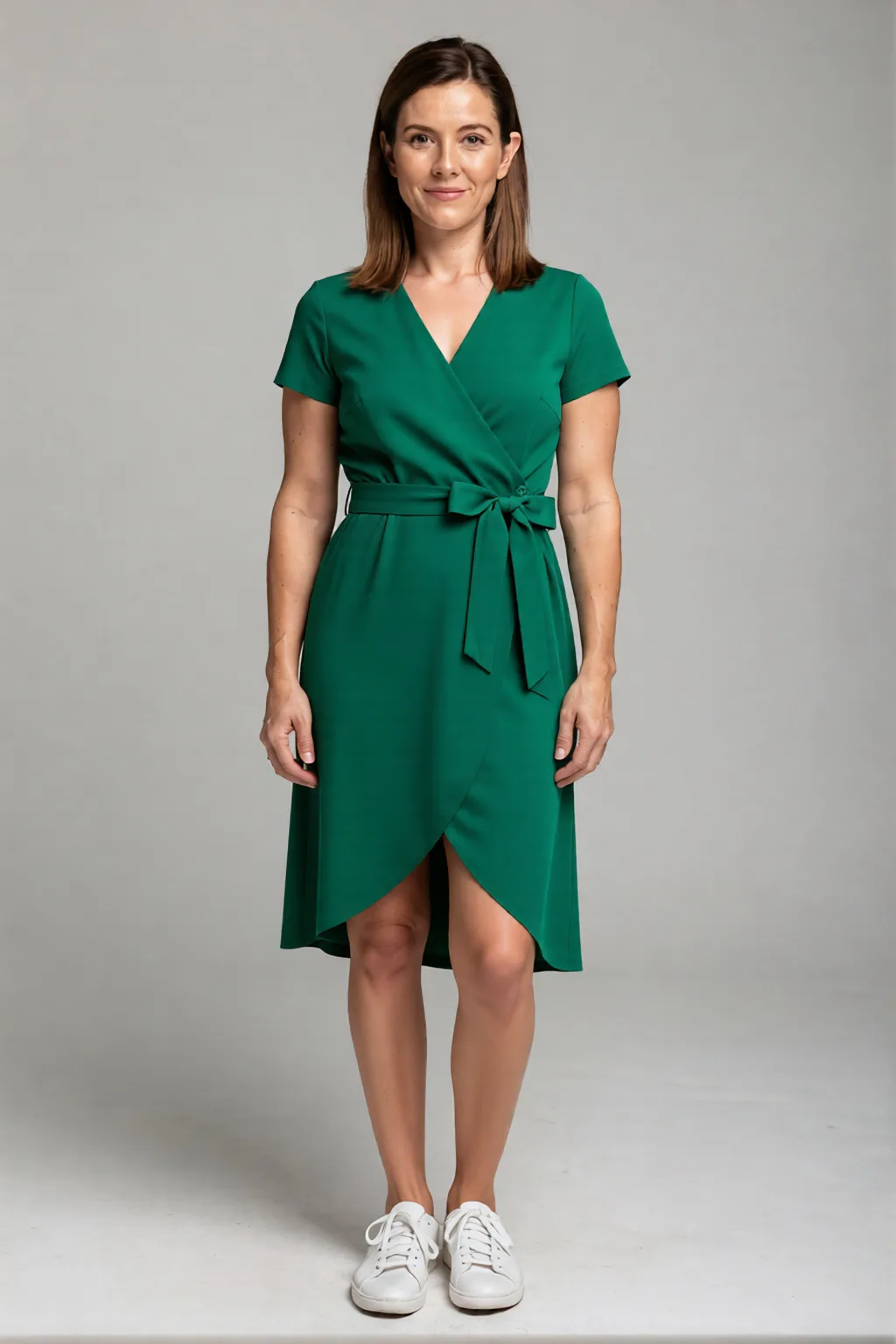 Outfit try-on result: a woman wearing the emerald green wrap dress