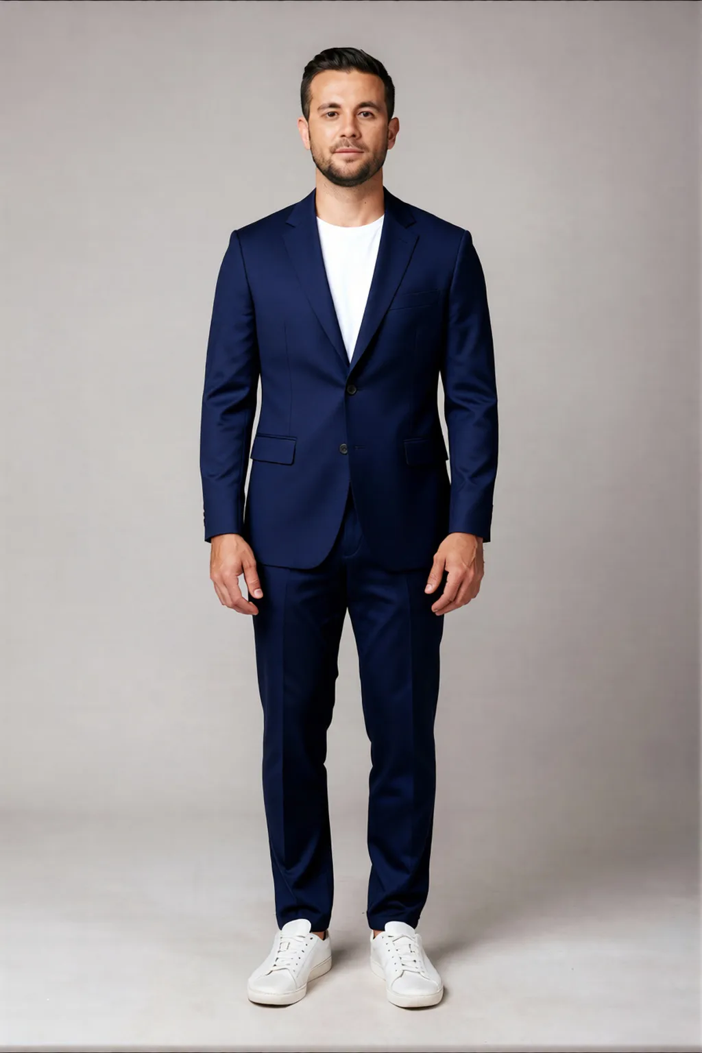 Outfit try-on result: a man wearing the navy blue two-piece suit