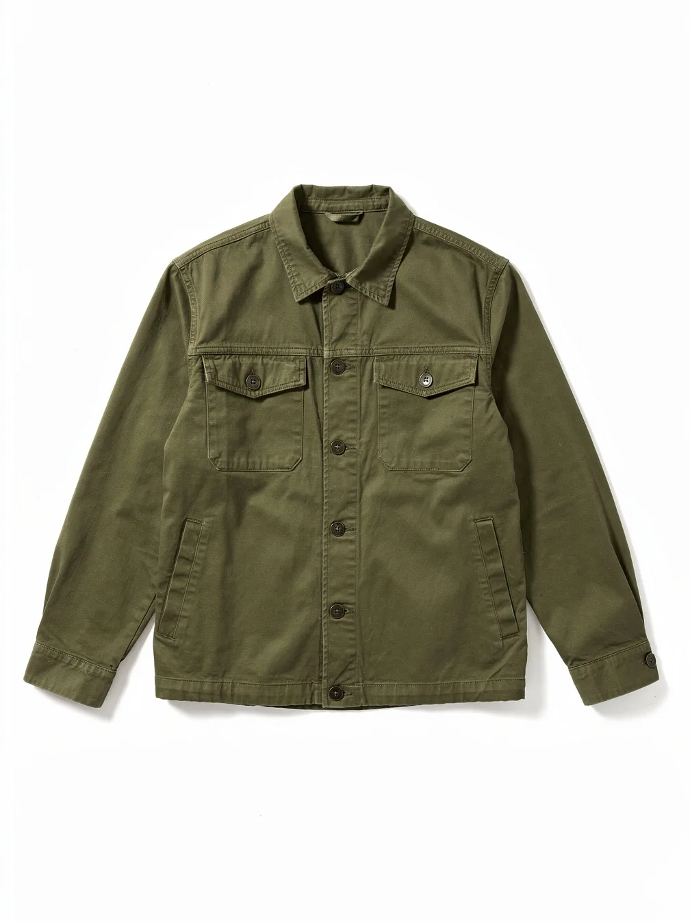 Outfit try-on input: an olive green utility jacket laid flat