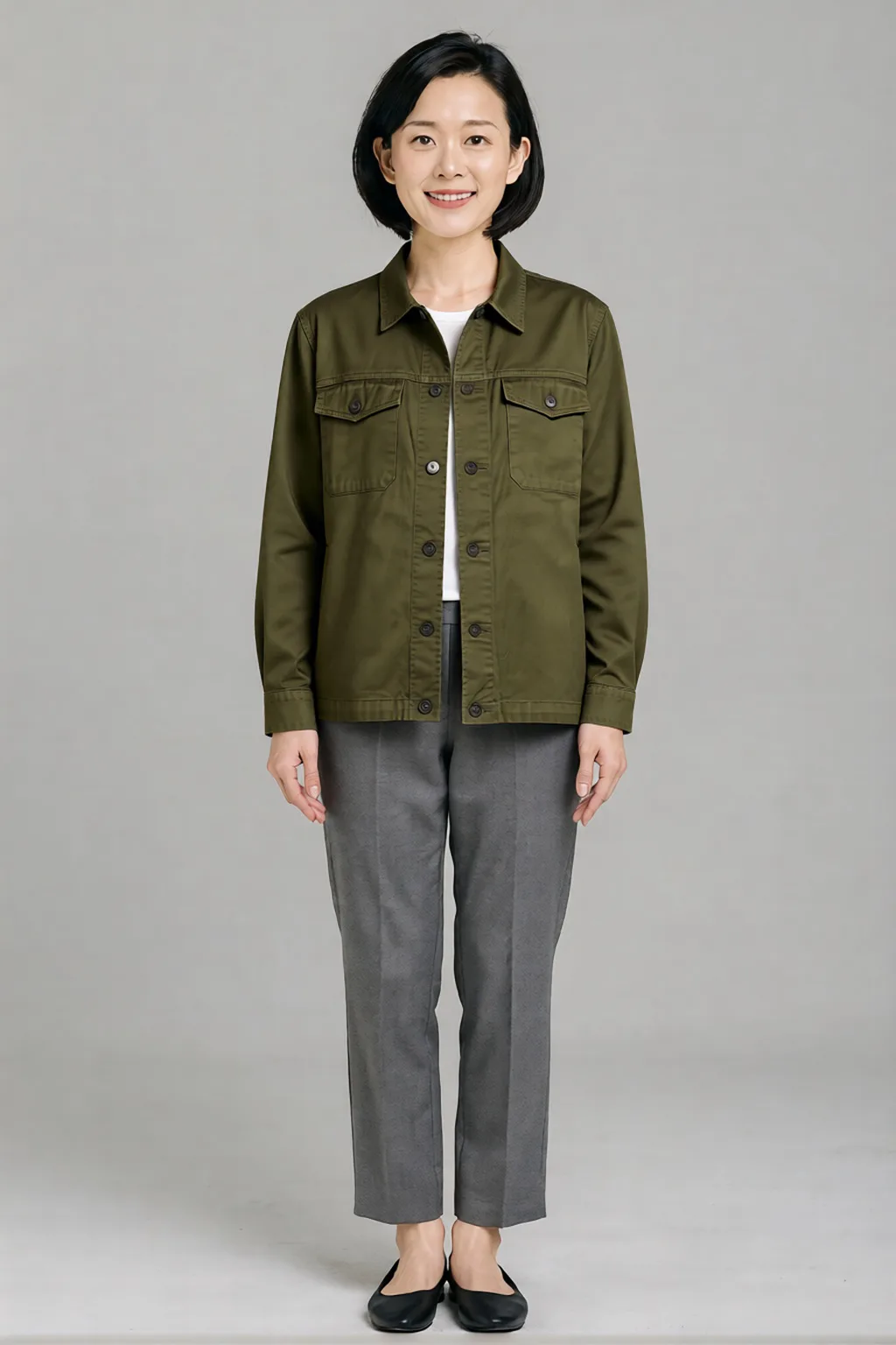 Outfit try-on result: a woman wearing the olive green utility jacket