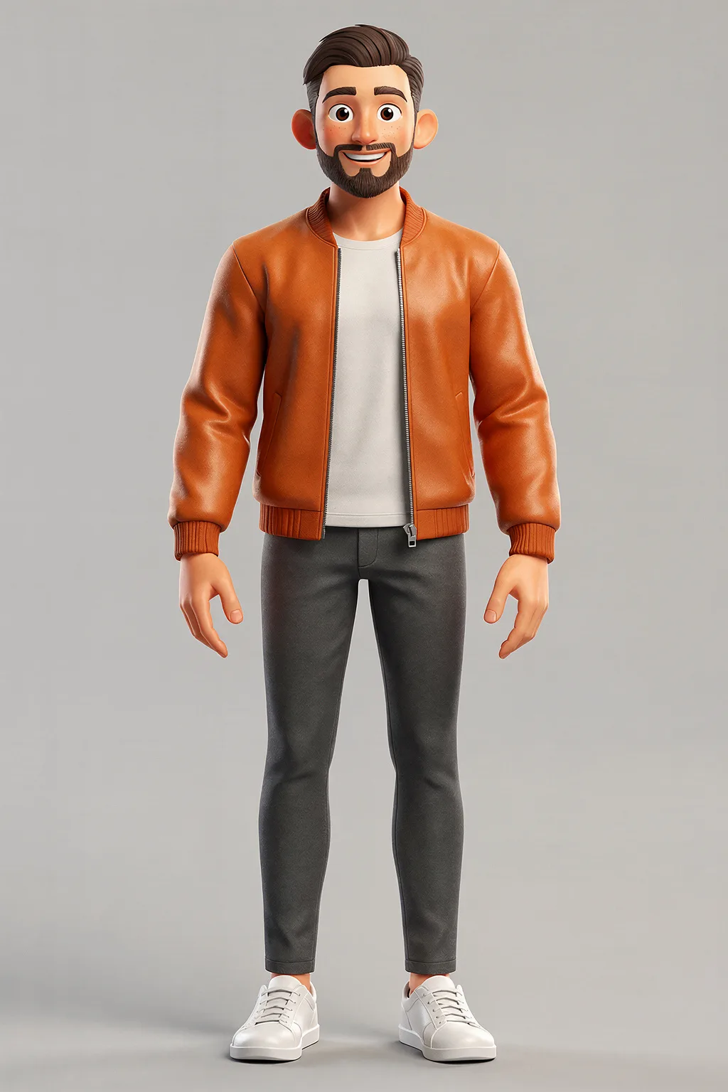 Character animation input: a stylized 3D adult man in an orange bomber jacket, full body