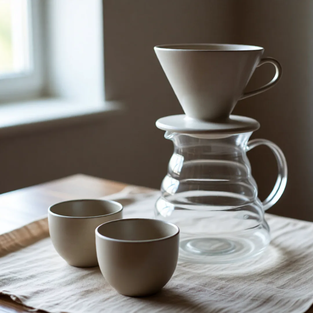 DER Imageのサンプル：窓からのやわらかな光の中、リネンの布に置かれた陶器のハンドドリップコーヒーセット