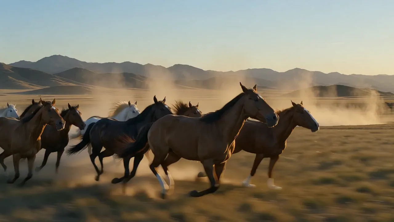 HappyHorse 1.0 sample: wild horses galloping across a grassy plain at golden hour (first frame)
