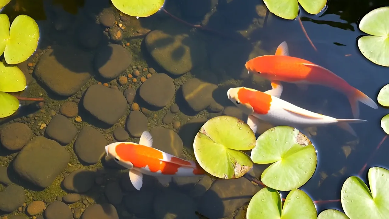 HappyHorse 1.1 sample: koi fish gliding through a clear pond with lily pads, seen from above (first frame)