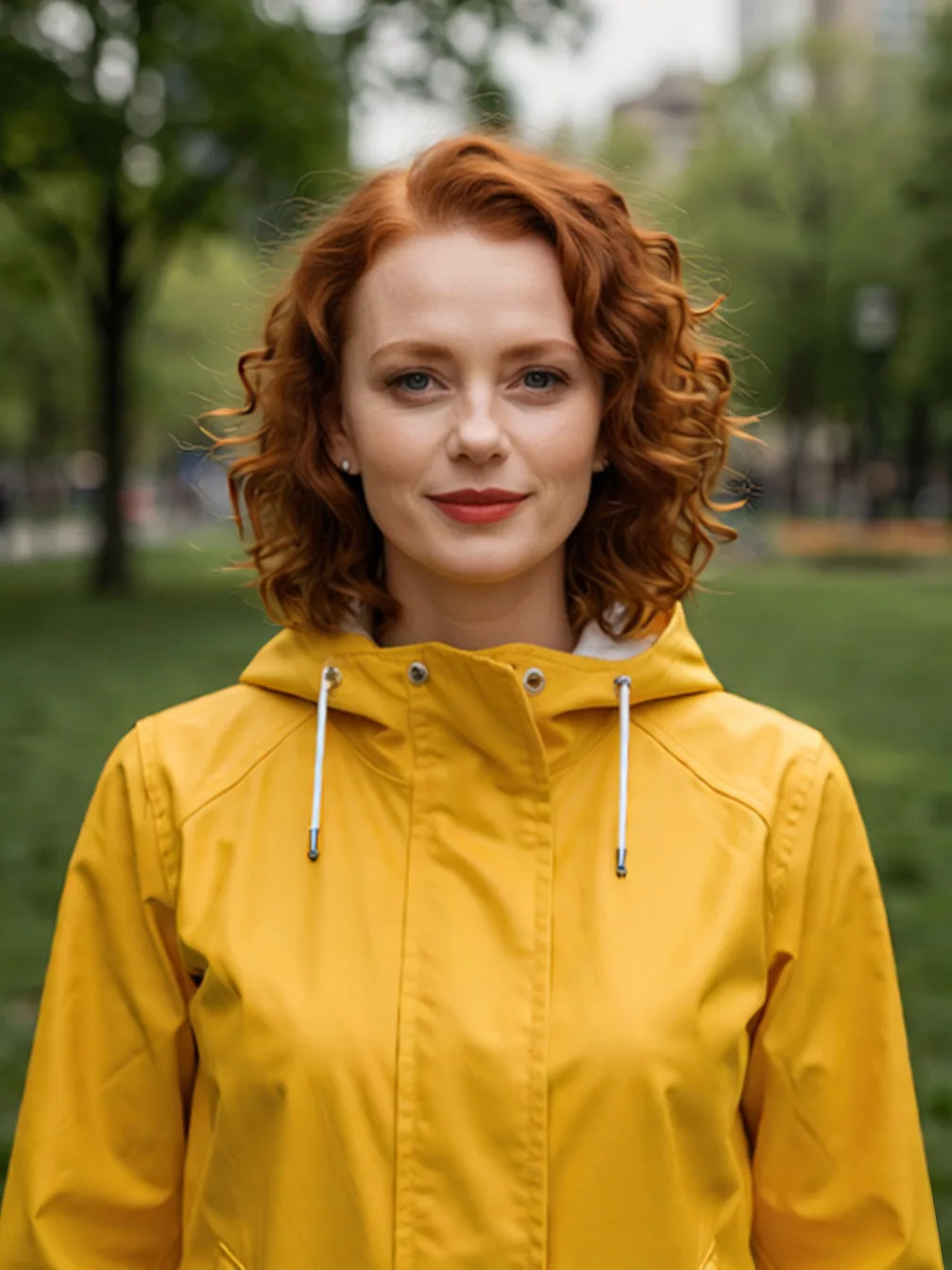 Head swap result: the red-haired woman's head on the woman in the yellow raincoat