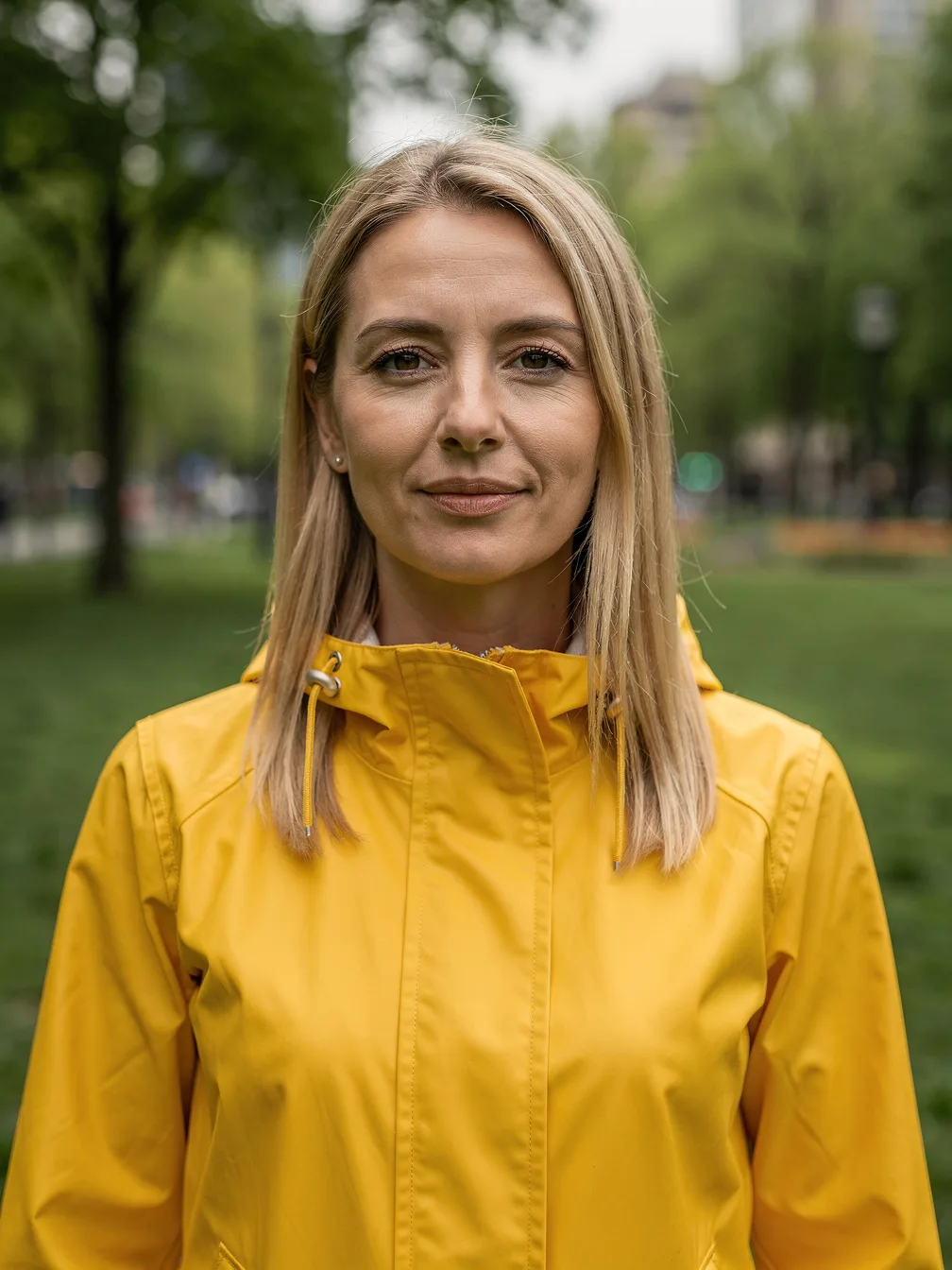 Head swap input: a woman in a yellow raincoat in a park (the target photo)