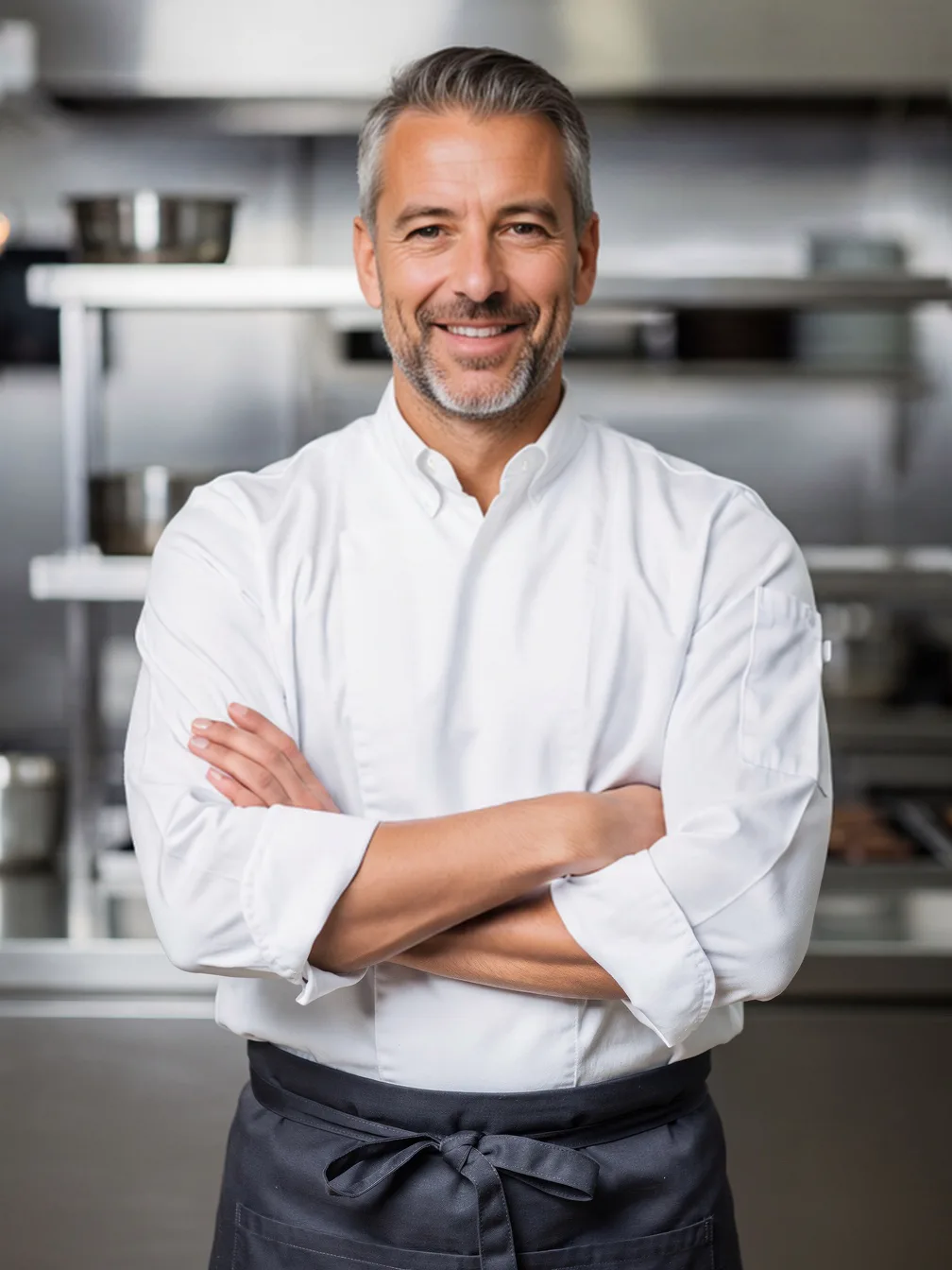 Head swap result: the bearded man's head on the chef in the kitchen