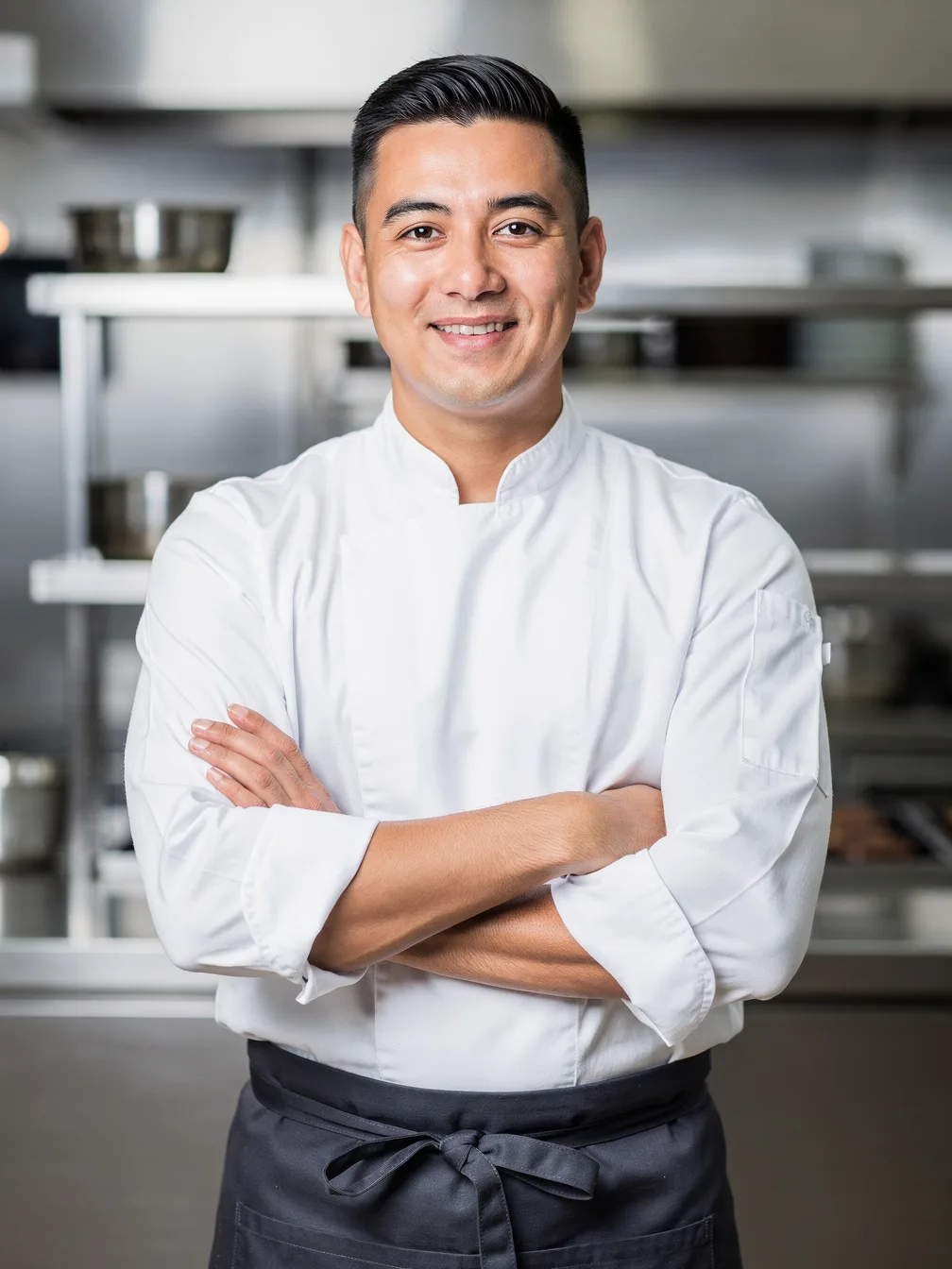 Head swap input: a man in a chef's jacket in a kitchen (the target photo)