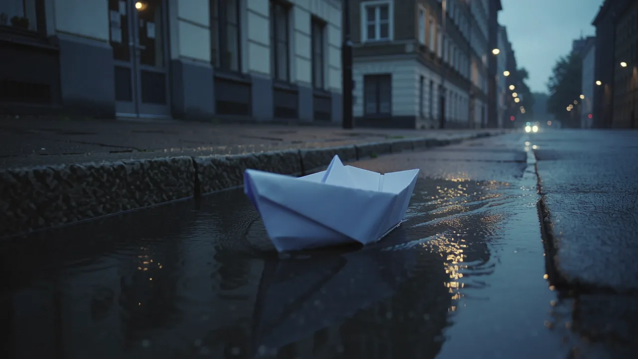 Kling 2.6 sample: a paper boat drifting down a rain-soaked street at night (first frame)