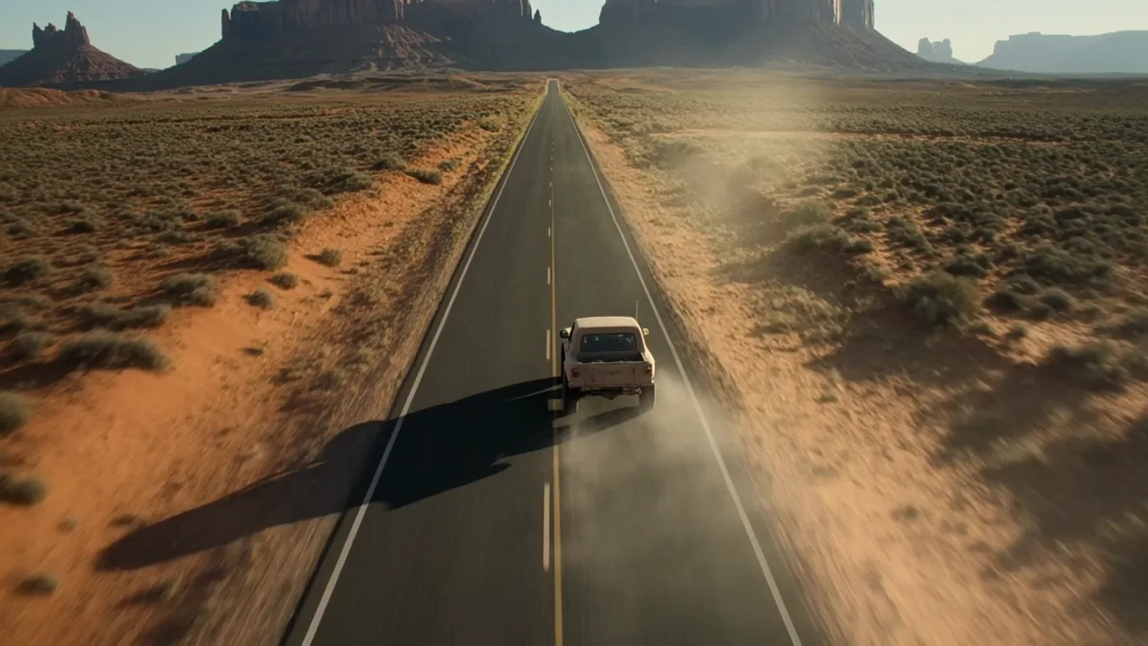 Kling 3.0 Fast sample: an off-road truck driving along a desert highway, aerial view (first frame)