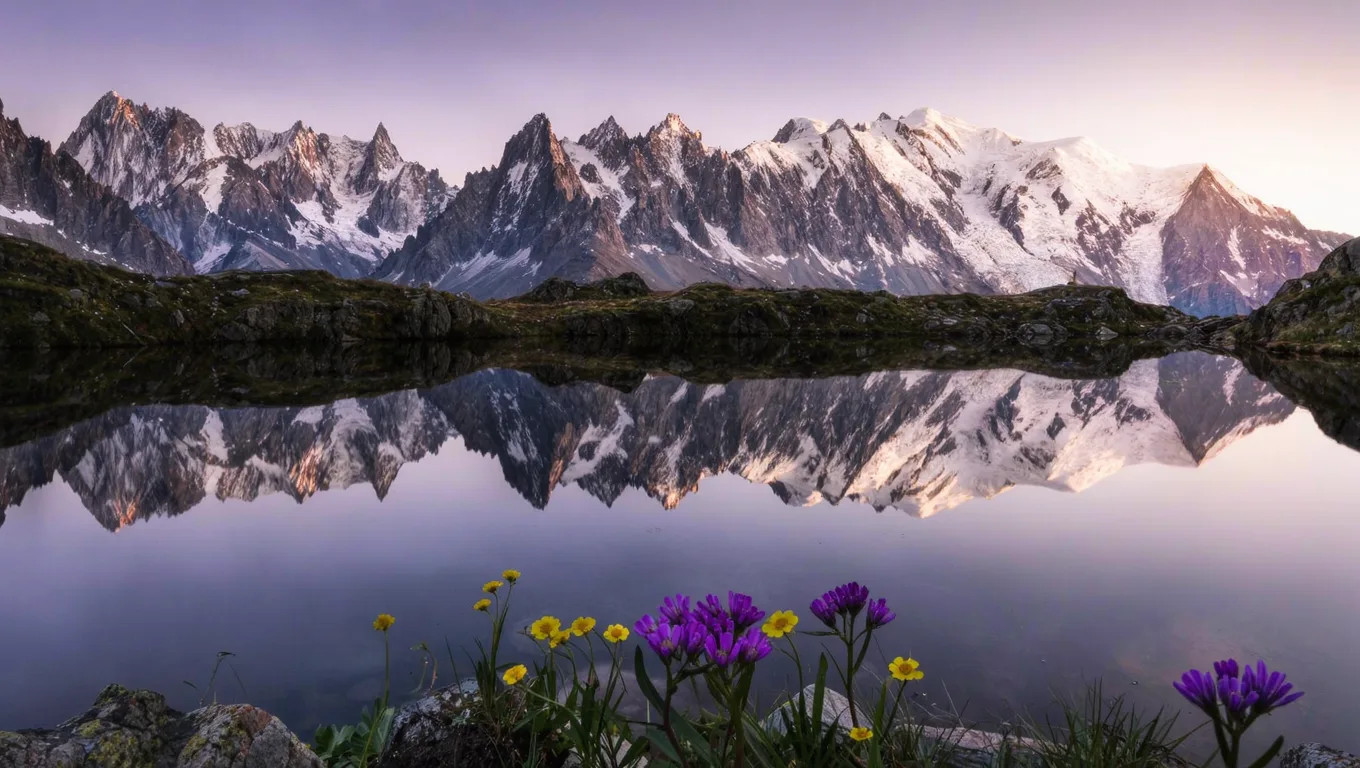 Kling 3.0 Image sample: an alpine lake mirroring snow-capped mountains with wildflowers in the foreground