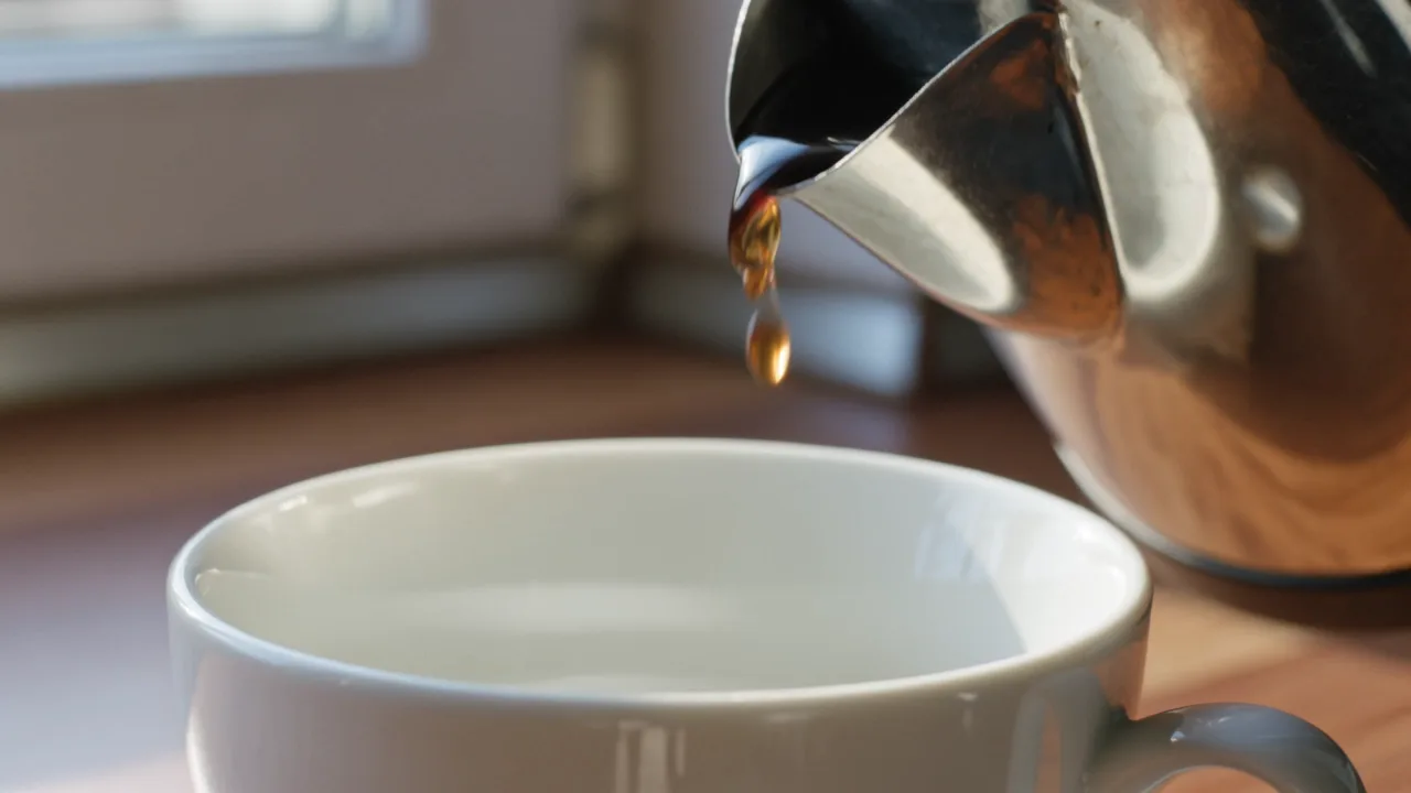 Kling 3.0 sample: coffee being poured into a white cup on a kitchen counter, close-up (first frame)