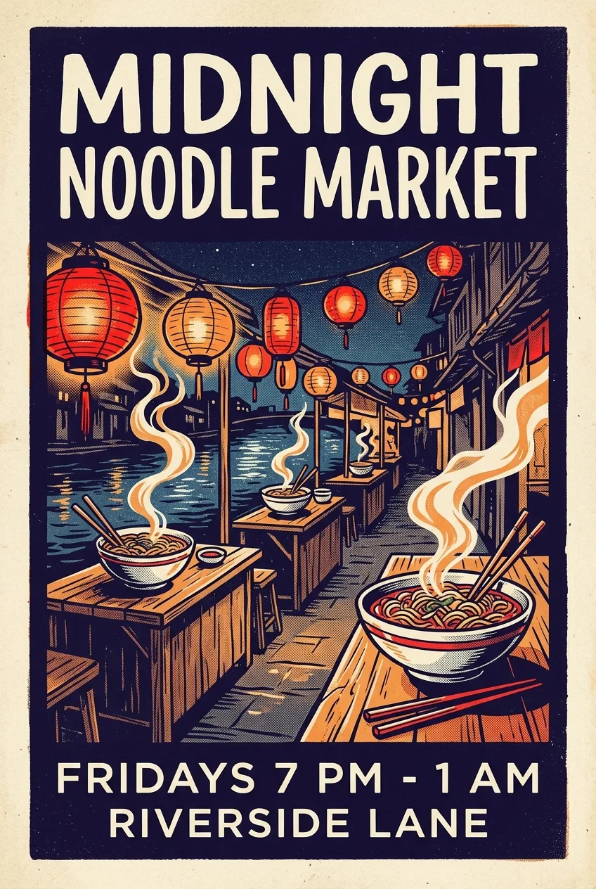 Nano Banana 2.1のサンプル：夜の川沿いの路地に湯気の立つ麺と赤い提灯を描いた、MIDNIGHT NOODLE MARKETと書かれたレトロなシルクスクリーン風ポスター