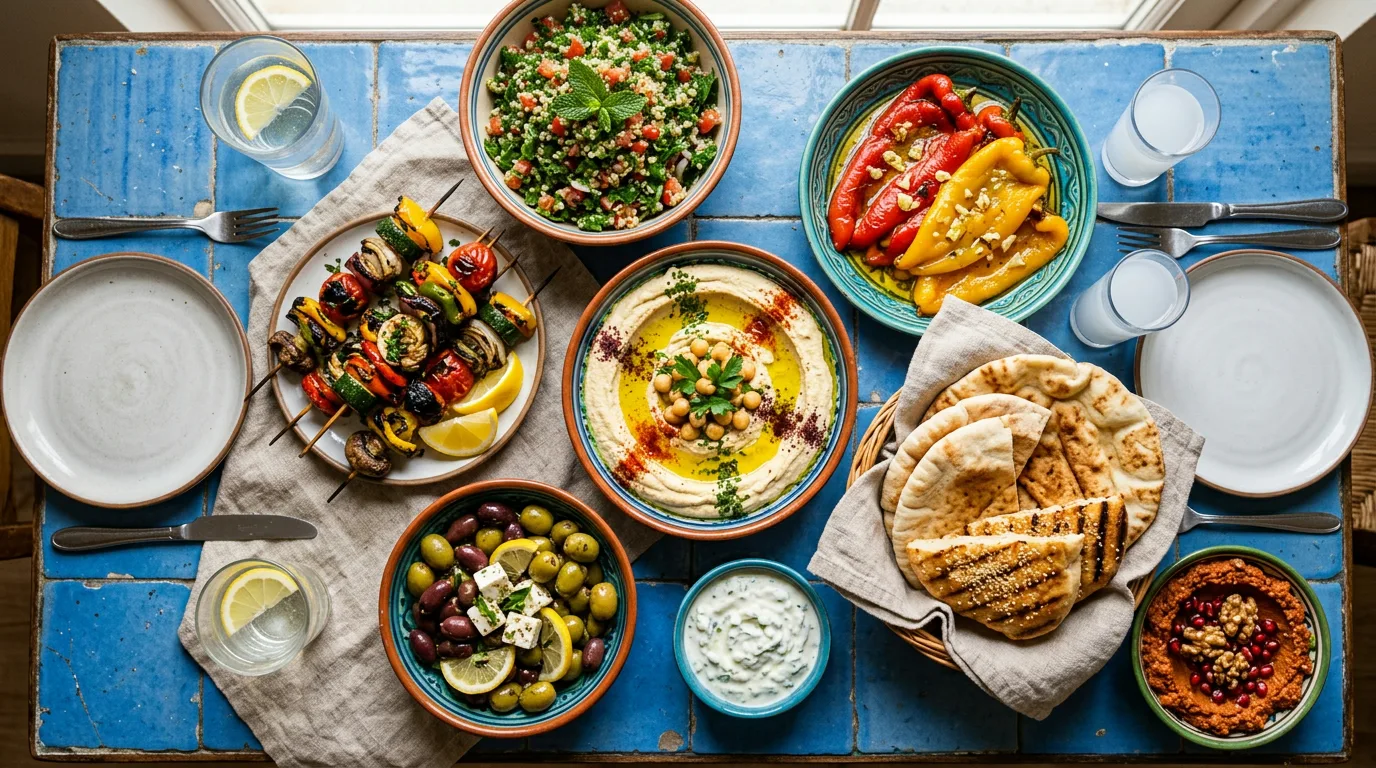 Nano Banana 2 sample: an overhead spread of colorful mezze dishes on a blue tiled table