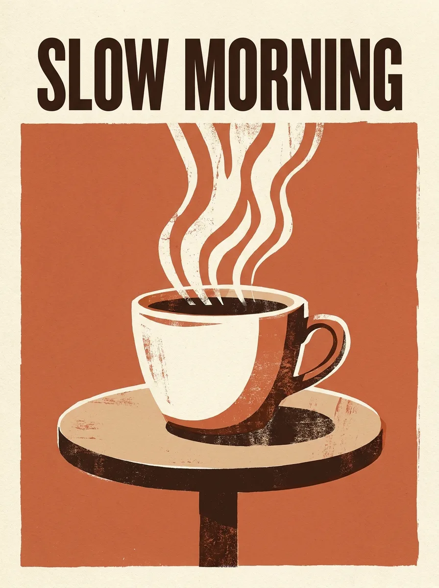Nano Banana Proのサンプル：「SLOW MORNING」という見出しの入った、ミニマルなコーヒーのポスター