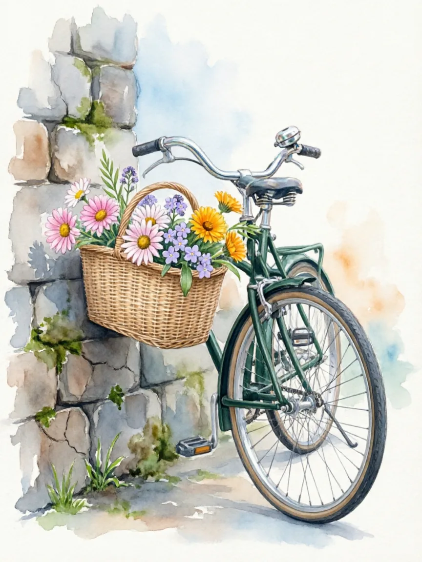 Qwen Image 2.0のサンプル：野の花を入れたかご付き自転車の水彩イラスト