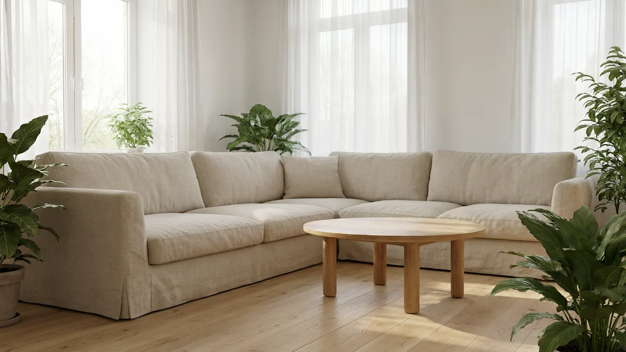 Qwen Image 2.0 Pro sample: a sunlit Scandinavian living room with a linen sofa and green plants
