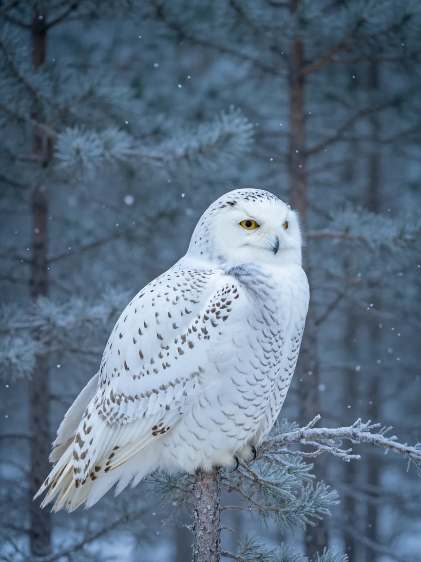 Qwen Image 2.0 Proのサンプル：雪の降る中、霜のついた枝にとまるシロフクロウ