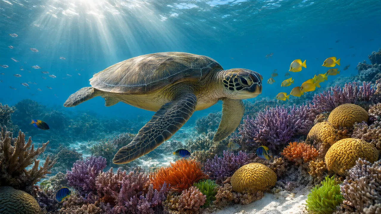 Qwen Image 3.0 sample: a green sea turtle gliding over a coral reef in sunlit water