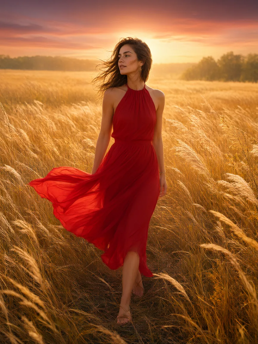 Qwen Image 3.0のサンプル:夕暮れ、背の高い黄金色の草むらを歩く、赤いドレスをなびかせた女性
