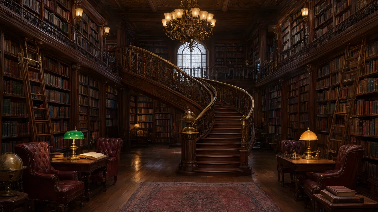 Qwen Image 3.0 Pro sample: a grand old library interior with a spiral staircase and warm lamplight