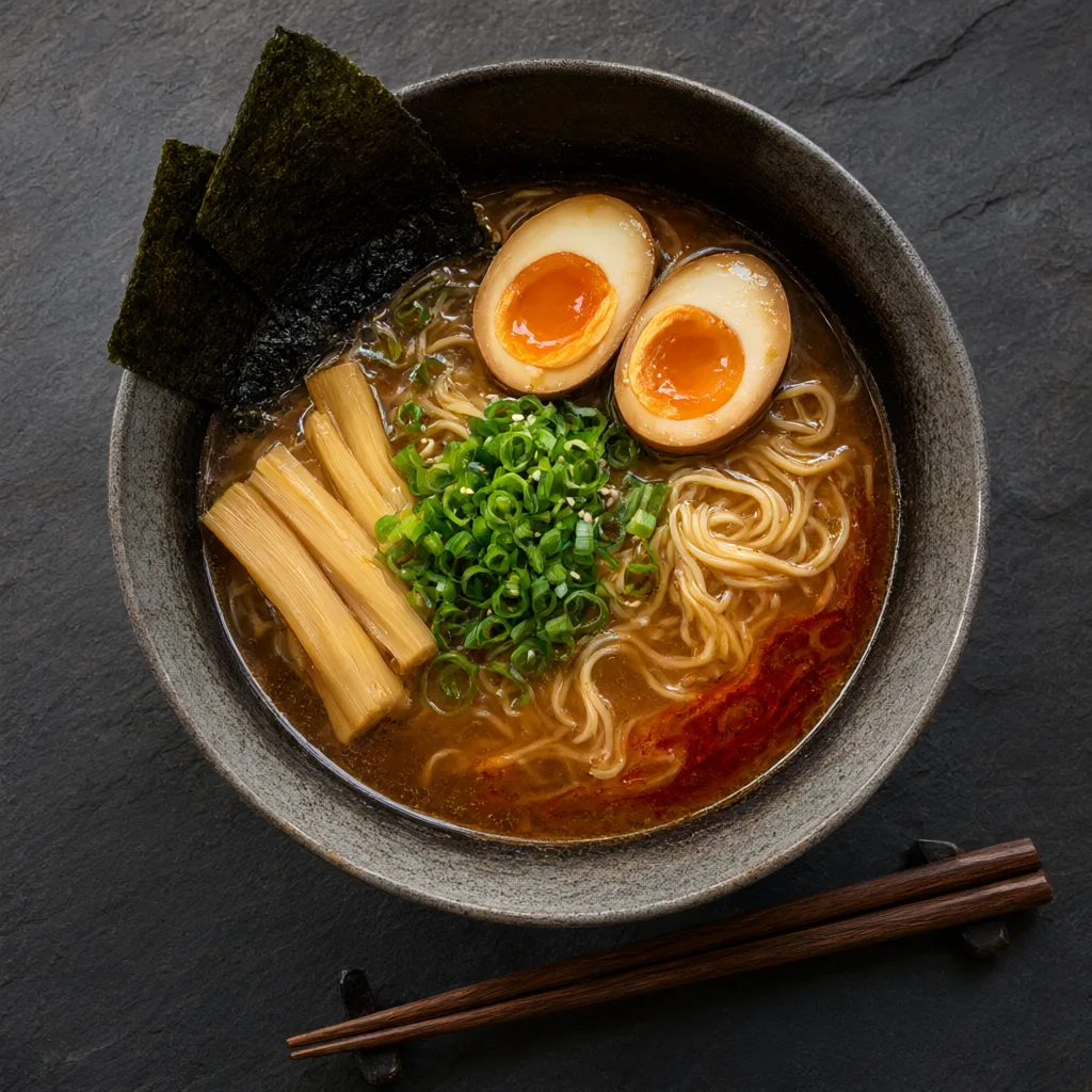 Qwen Image 3.0 Proのサンプル：半熟卵をのせたラーメン、真上からの眺め