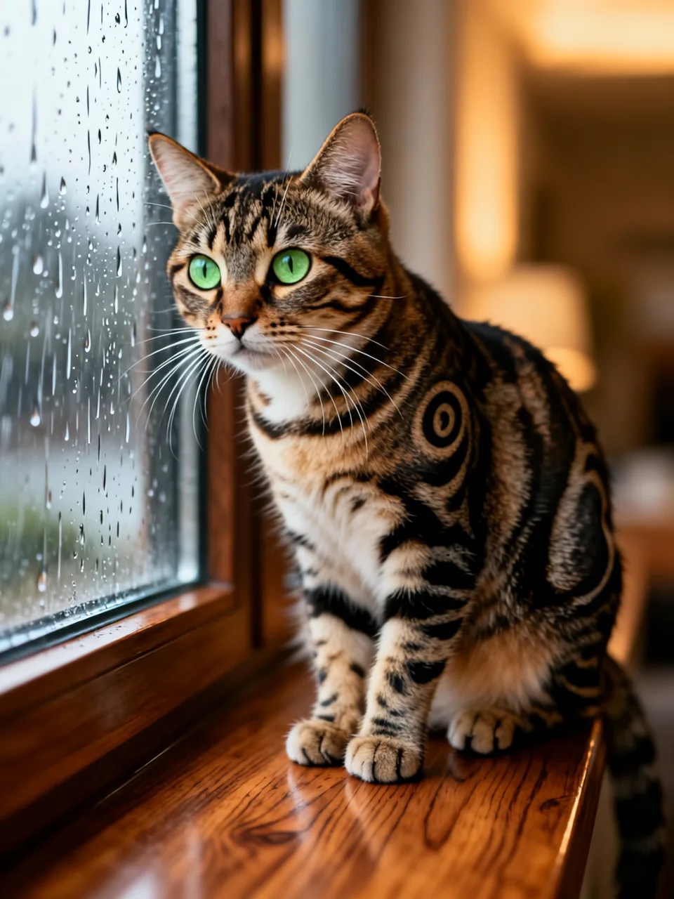 Wan 2.6 Imageのサンプル：窓辺で雨を眺めるトラ猫