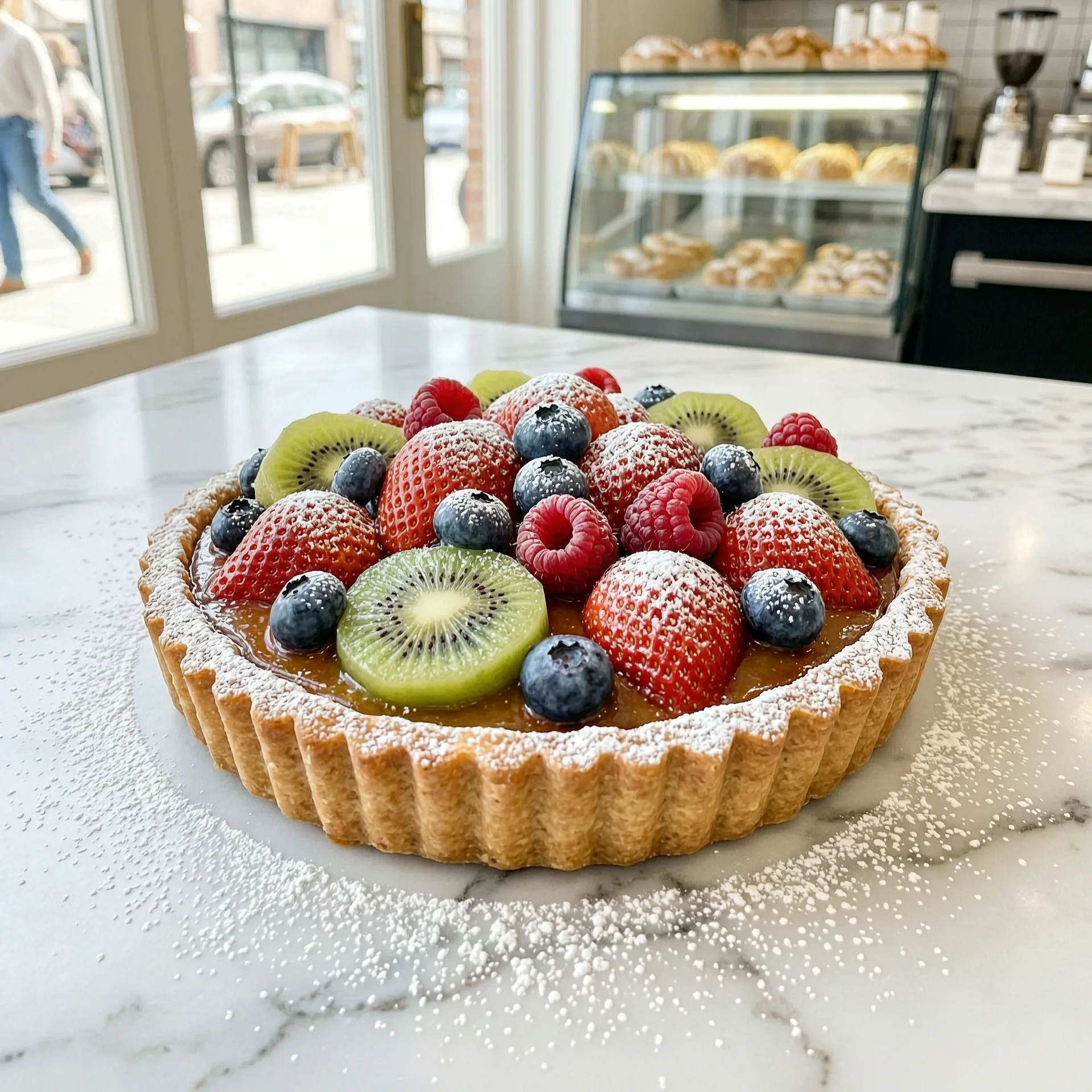 Wan 2.7 Image sample: a glazed fruit tart with fresh berries on a marble counter