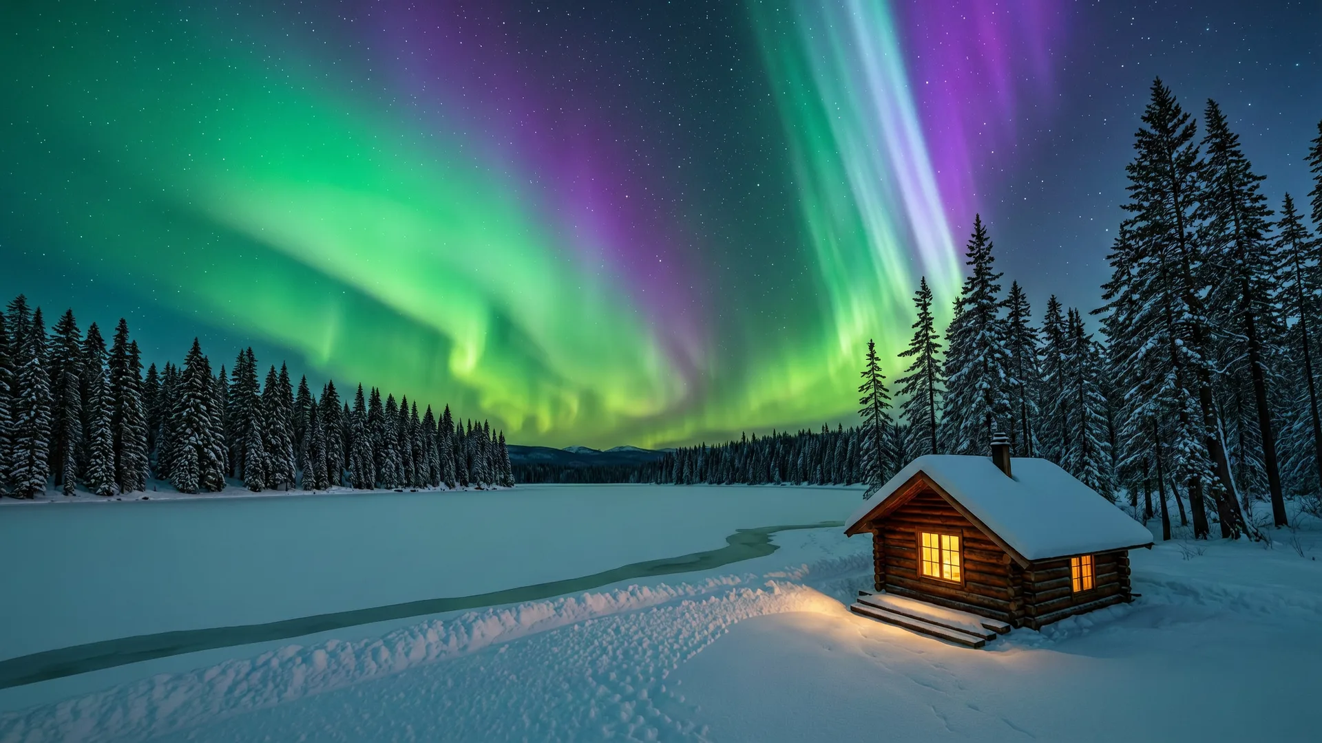 Wan 2.7 Image Pro sample: northern lights above a snow-covered log cabin beside a frozen lake