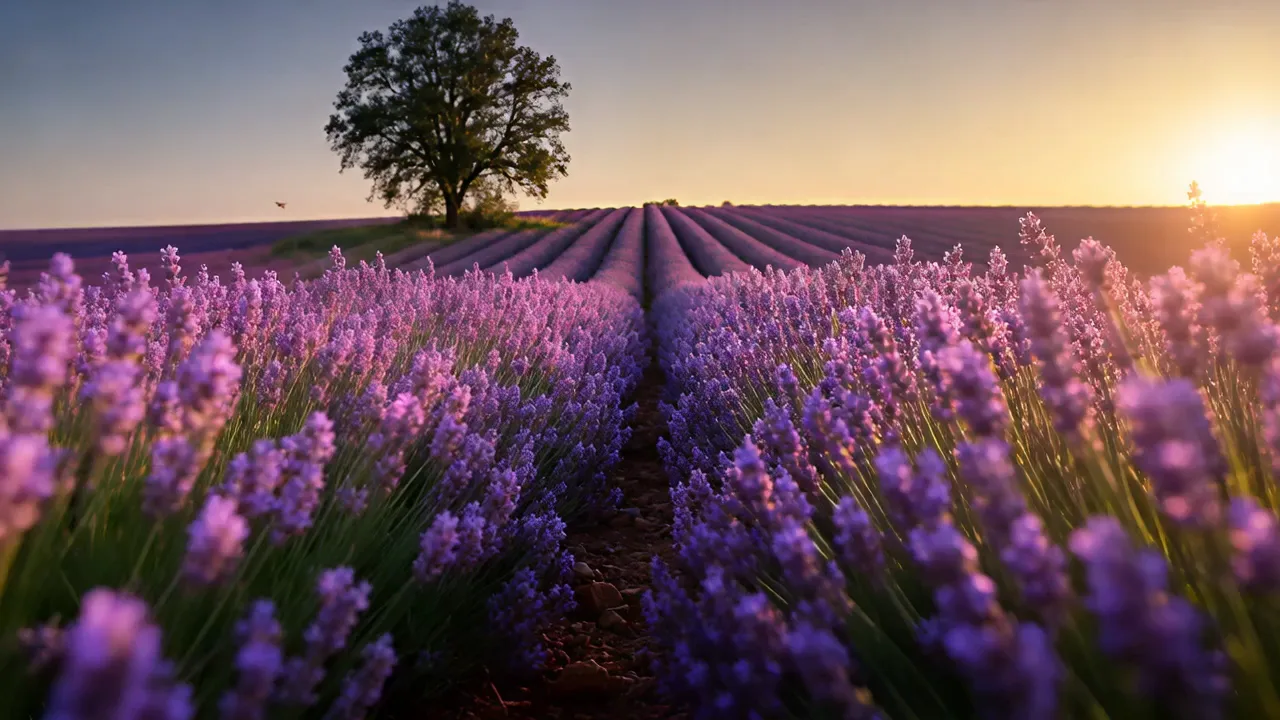 Wan 2.7 sample: rows of lavender swaying in the wind at golden hour (first frame)