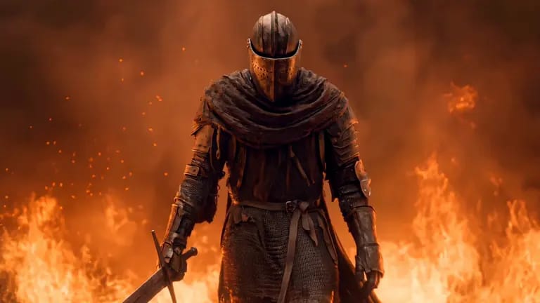 Wan 3.0 sample: knight walking through fire